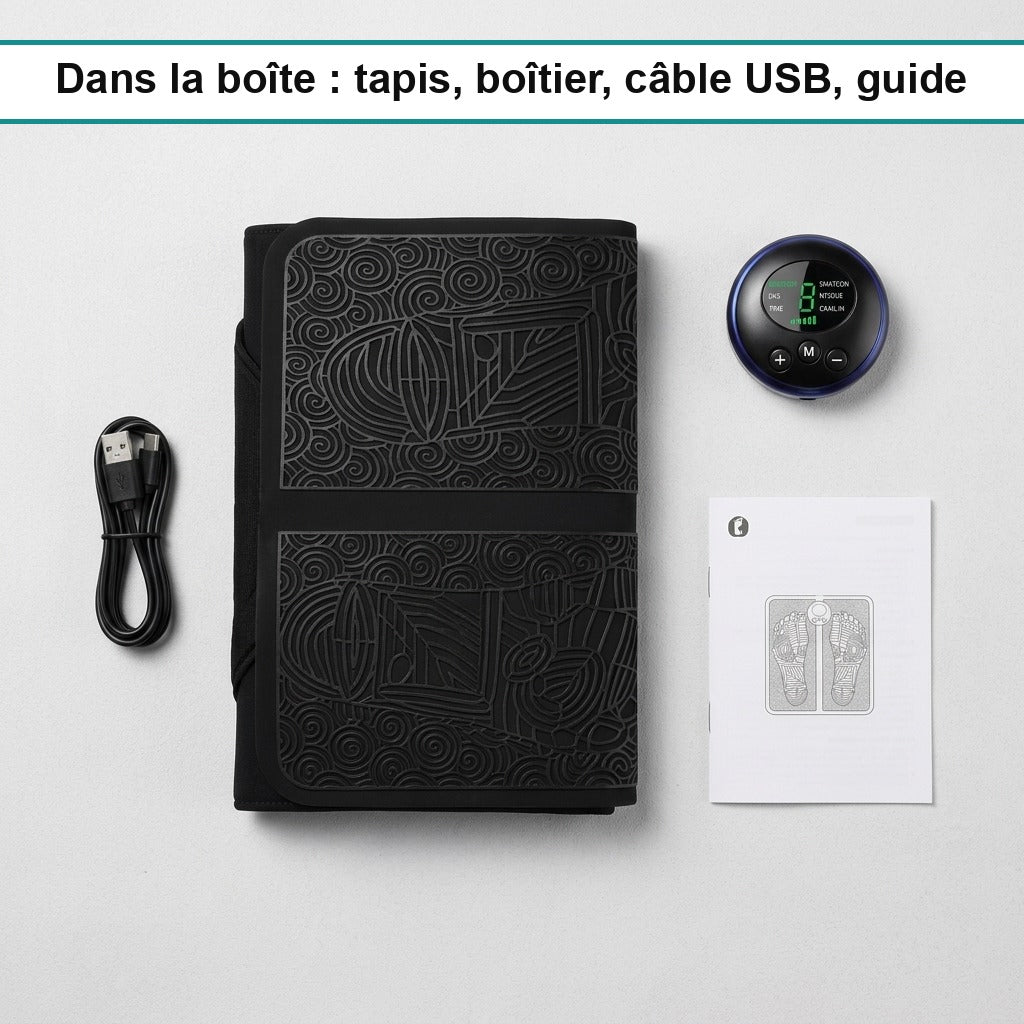 Dans la boîte : tapis, boîtier, câble USB, guide